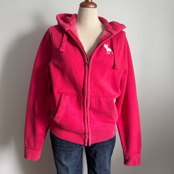 Abercrombie & Fitch Muscle Pink -Red  Zipped Hoodie with Embroidered White Deer - Picture 1 of 9